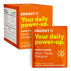 EBOOST Orange packet close-up for on-the-go, sugar-free hydration.