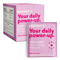 EBOOST Pink Lemonade powder tub label for hydration and flavor.