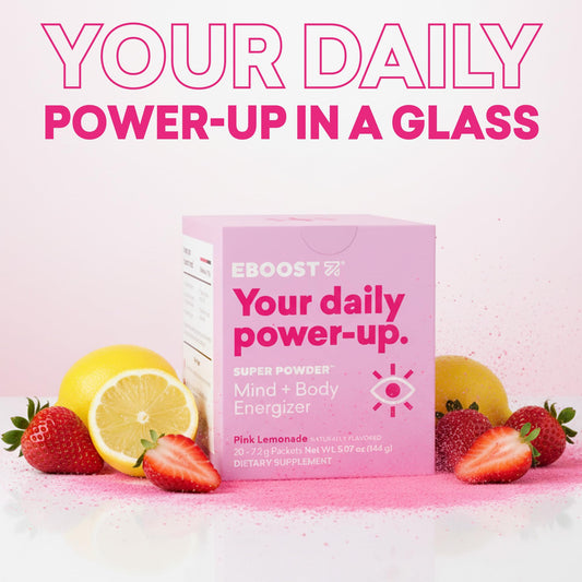EBOOST Pink Lemonade single packet ready for on-the-go energy.