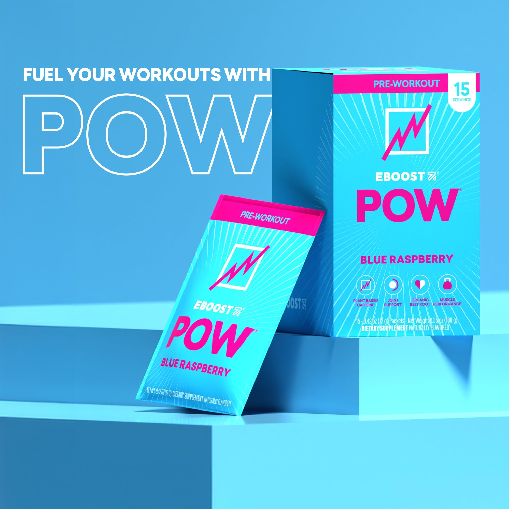 EBOOST POW sachet being poured into water before a workout session