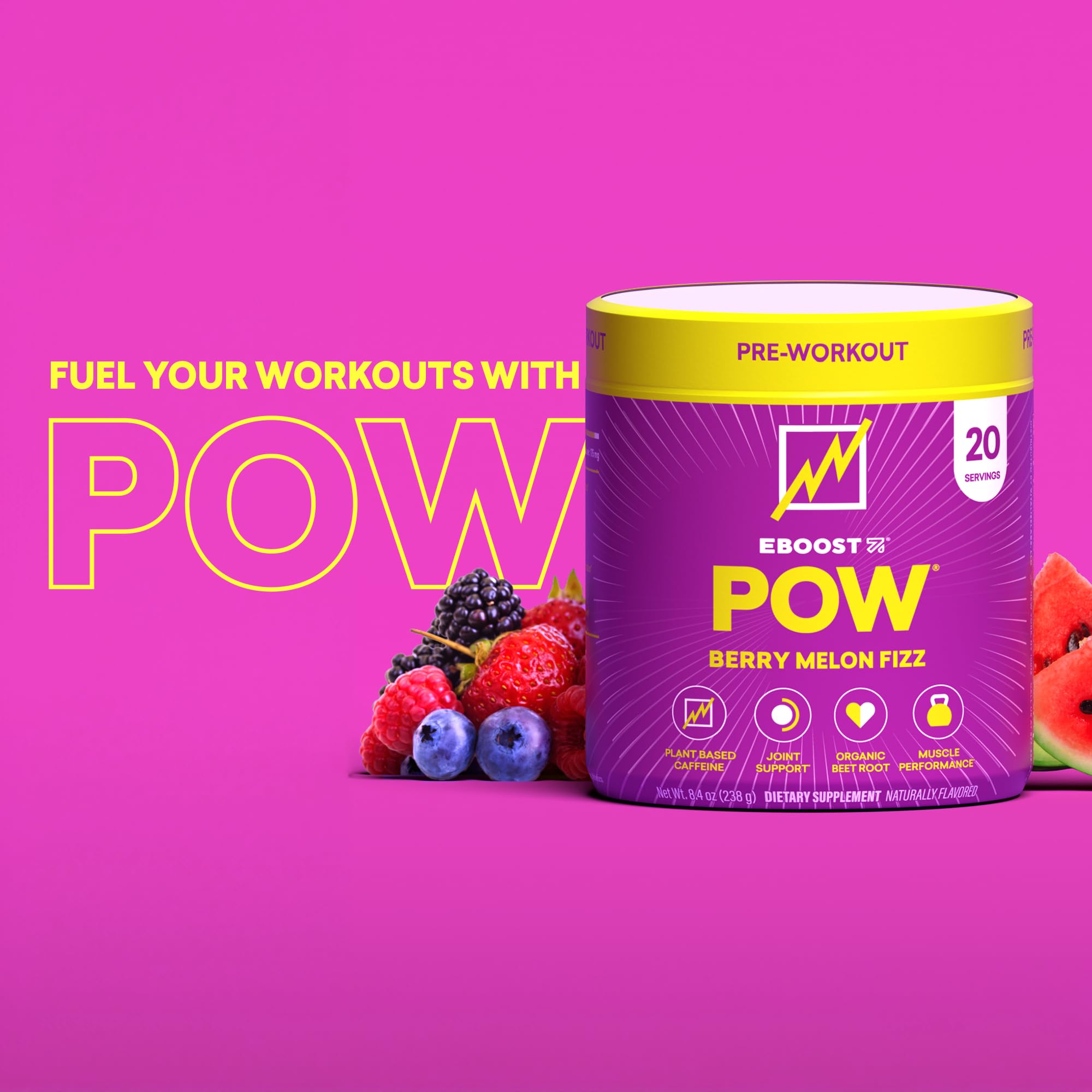 EBOOST POW Berry Melon Fizz endurance-focused pre-workout for long gym sessions.