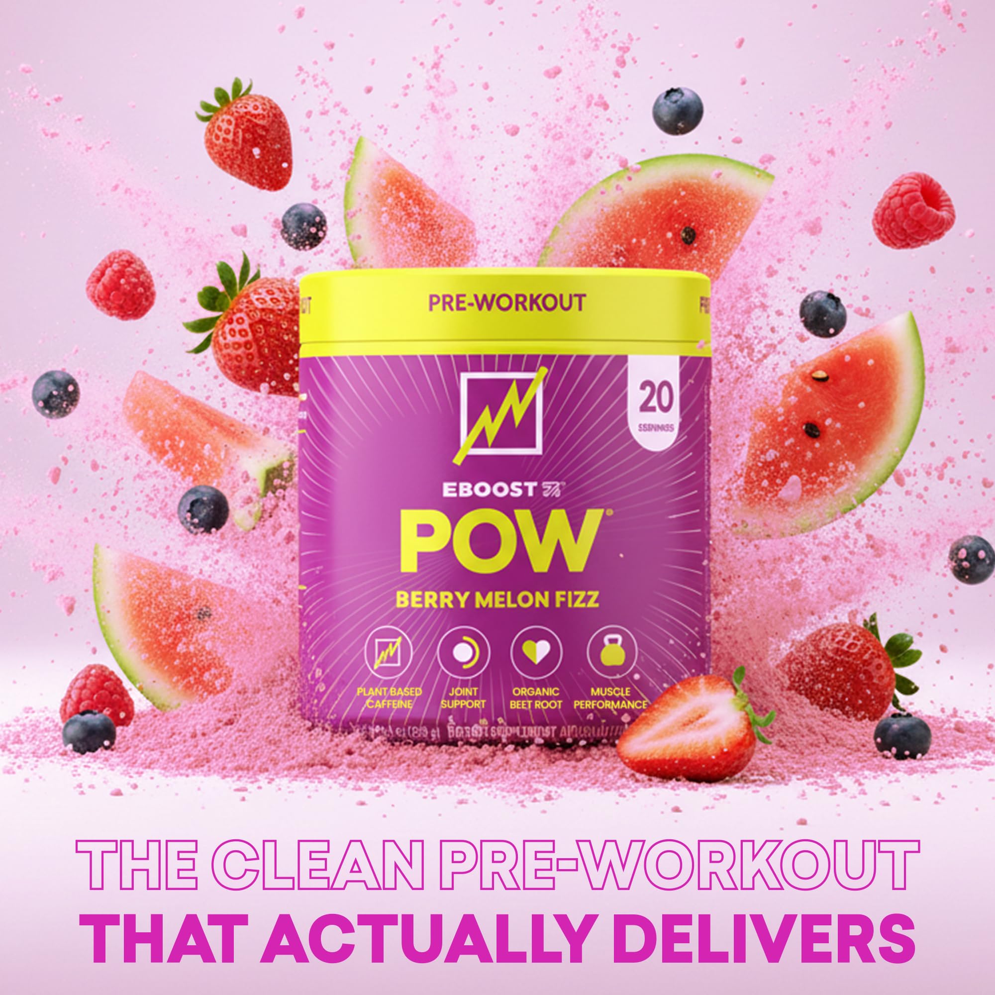 EBOOST POW Berry Melon Fizz in a glass with refreshing energy boost.