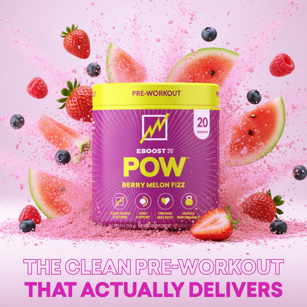 EBOOST POW Berry Melon Fizz in a glass with refreshing energy boost.
