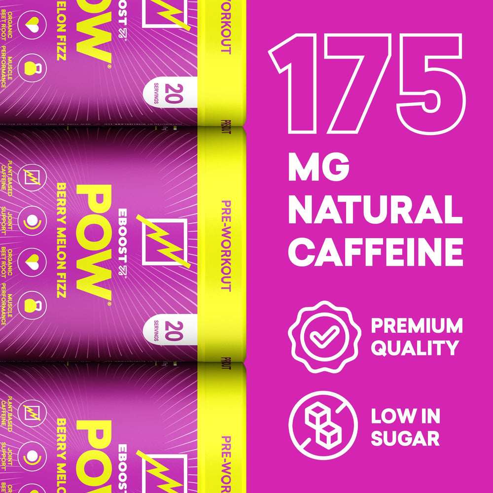 EBOOST POW Berry Melon Fizz scoop showing convenient pre-workout serving.