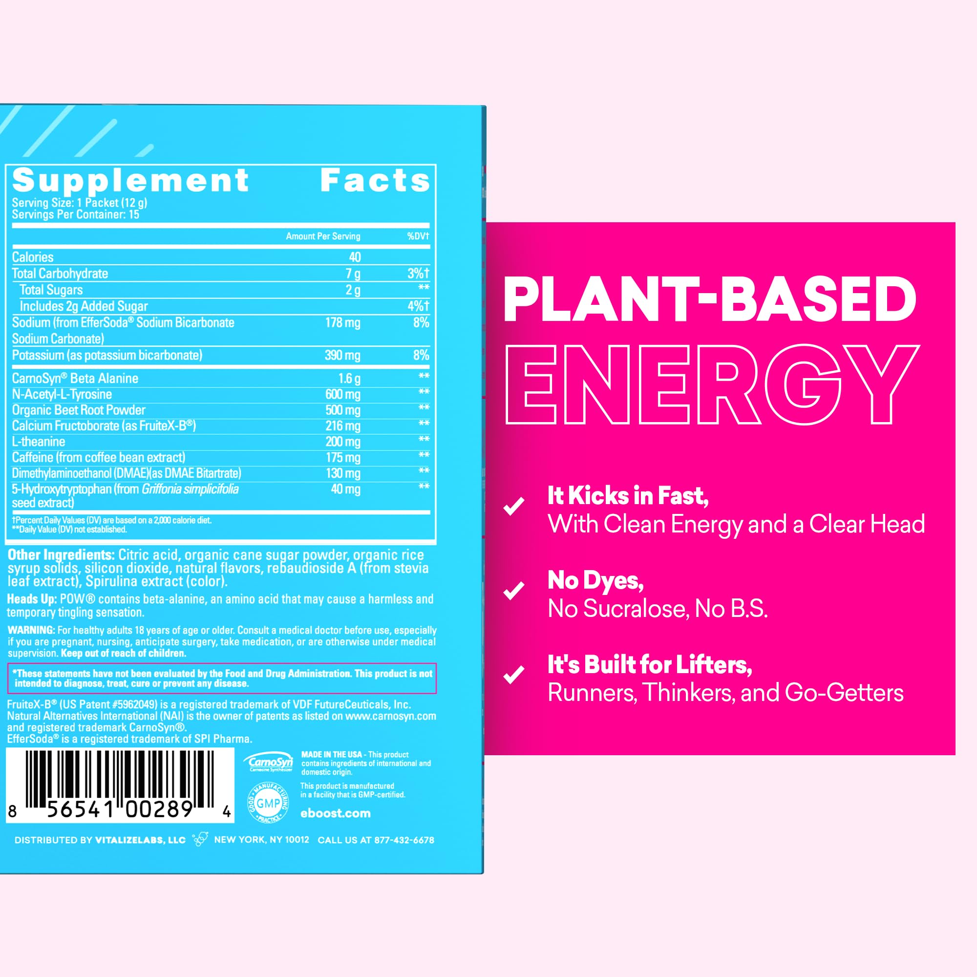 EBOOST POW blue raspberry packet in glass showing fizz for quick training fuel