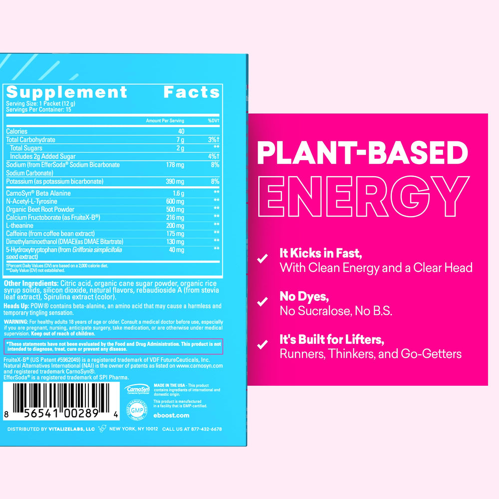 EBOOST POW blue raspberry packet in glass showing fizz for quick training fuel