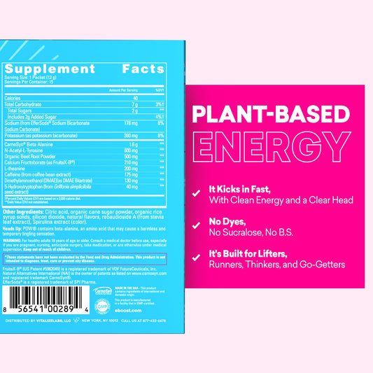 EBOOST POW blue raspberry packet in glass showing fizz for quick training fuel