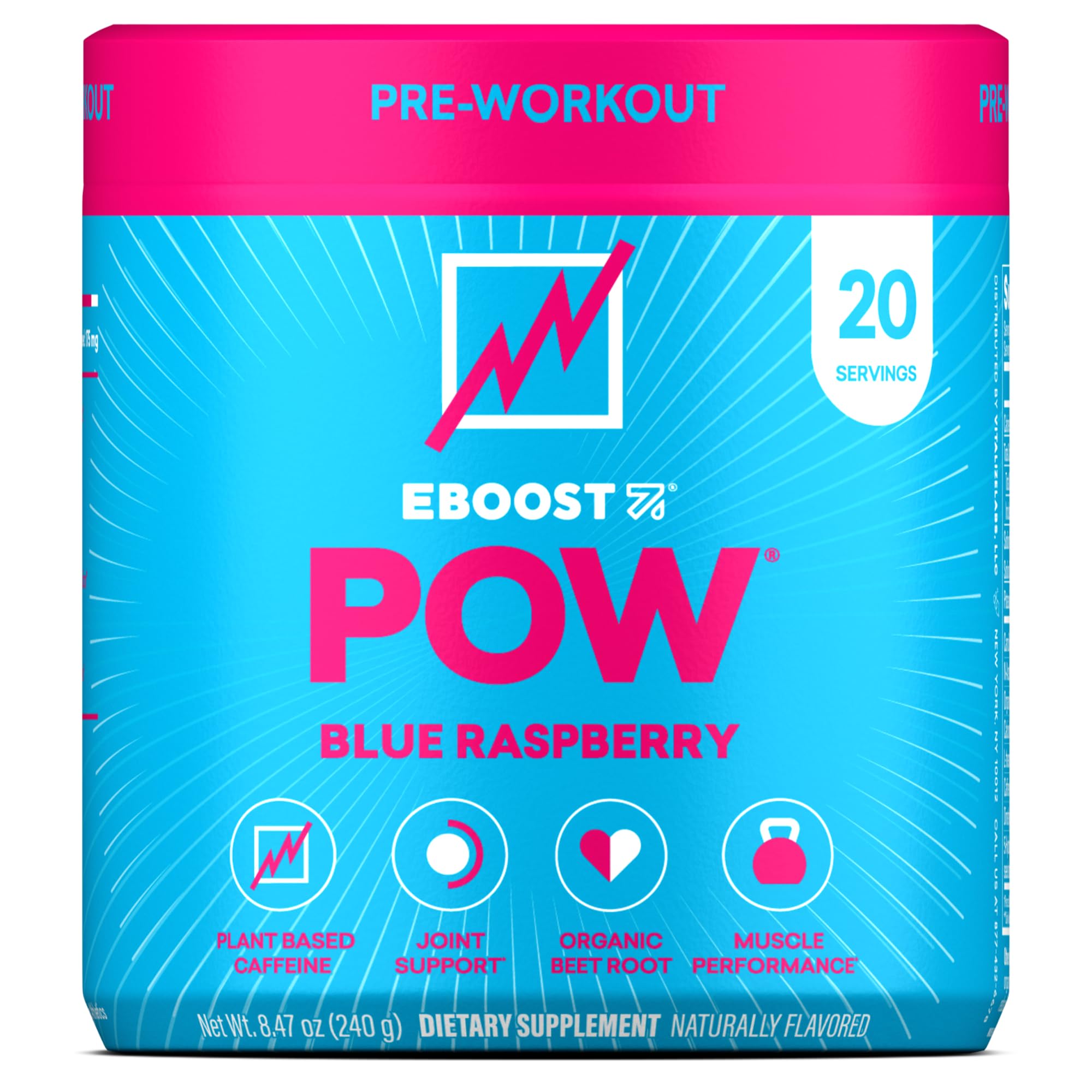 EBOOST POW Blue Raspberry tub showing natural pre-workout formula for energy