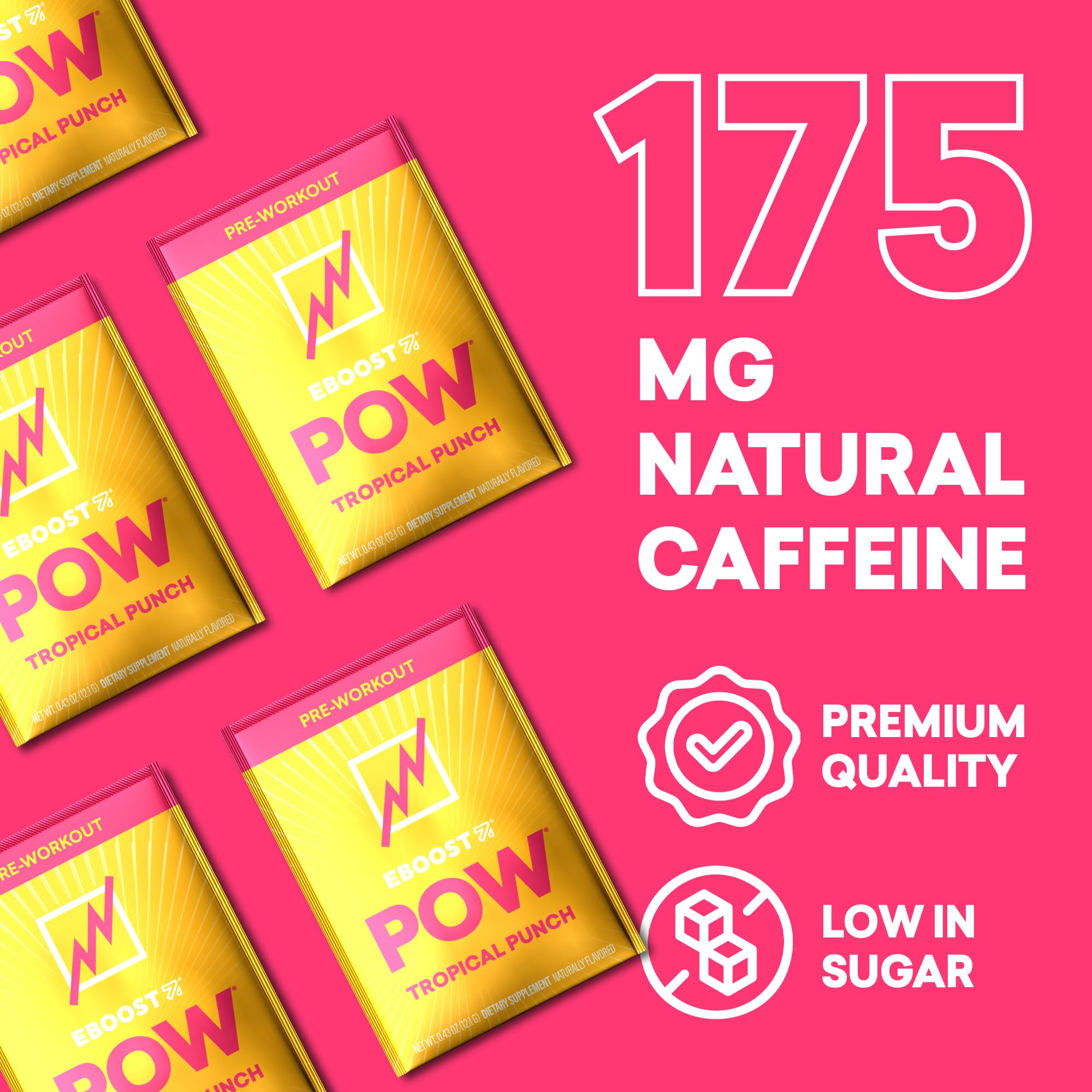 EBOOST POW ingredient blend featuring caffeine and beta-alanine for focus.