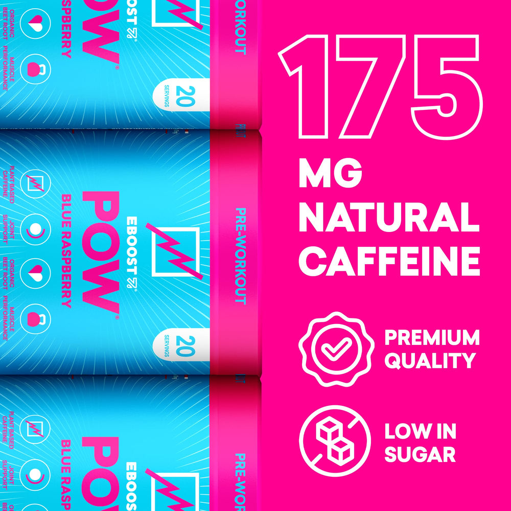 Glass with fizz shows EBOOST POW Blue Raspberry flavor and refreshed energy