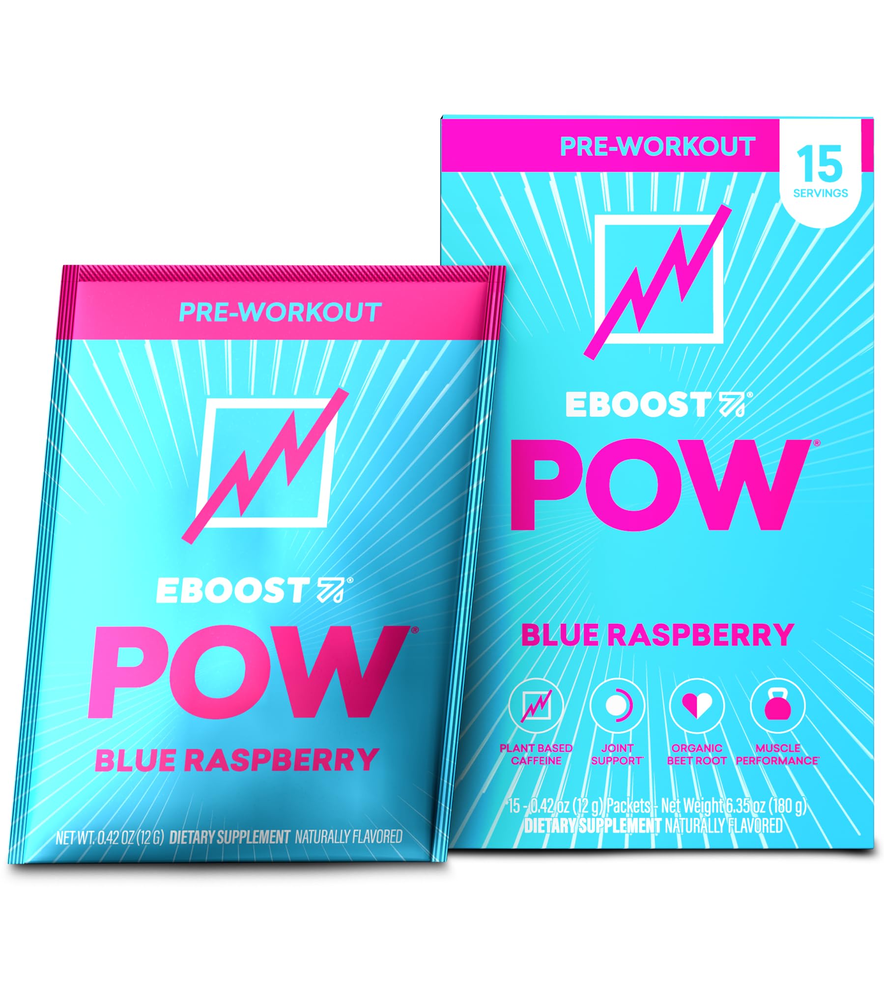 EBOOST POW blue raspberry packets ready for pre-workout energy