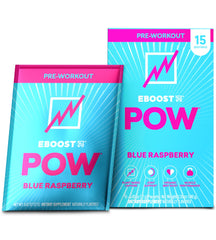EBOOST POW blue raspberry packets ready for pre-workout energy