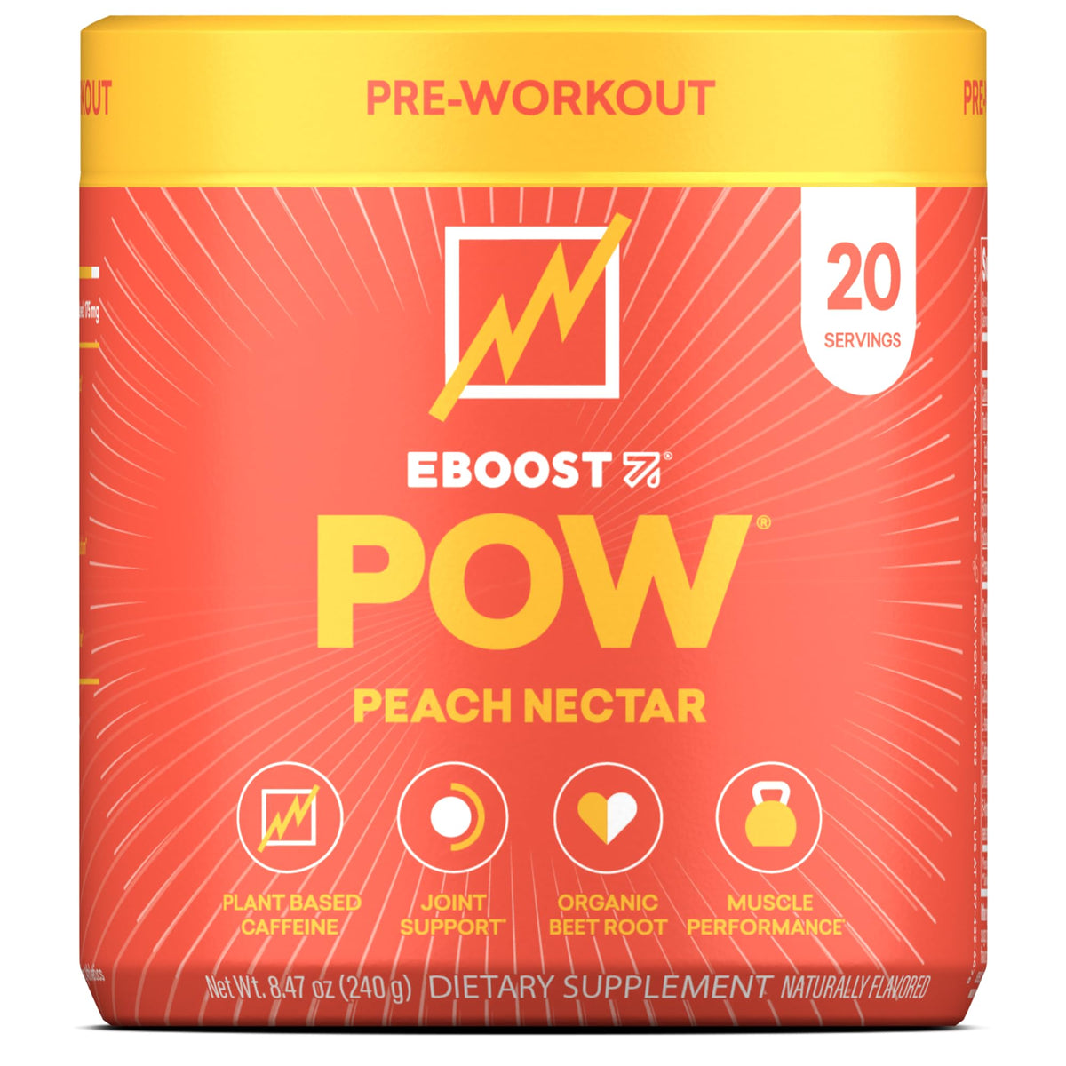 EBOOST POW Peach Nectar poured into a glass for a pre-workout energy lift.