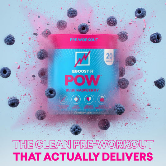 EBOOST POW scoop beside a glass ready for pre-workout energy