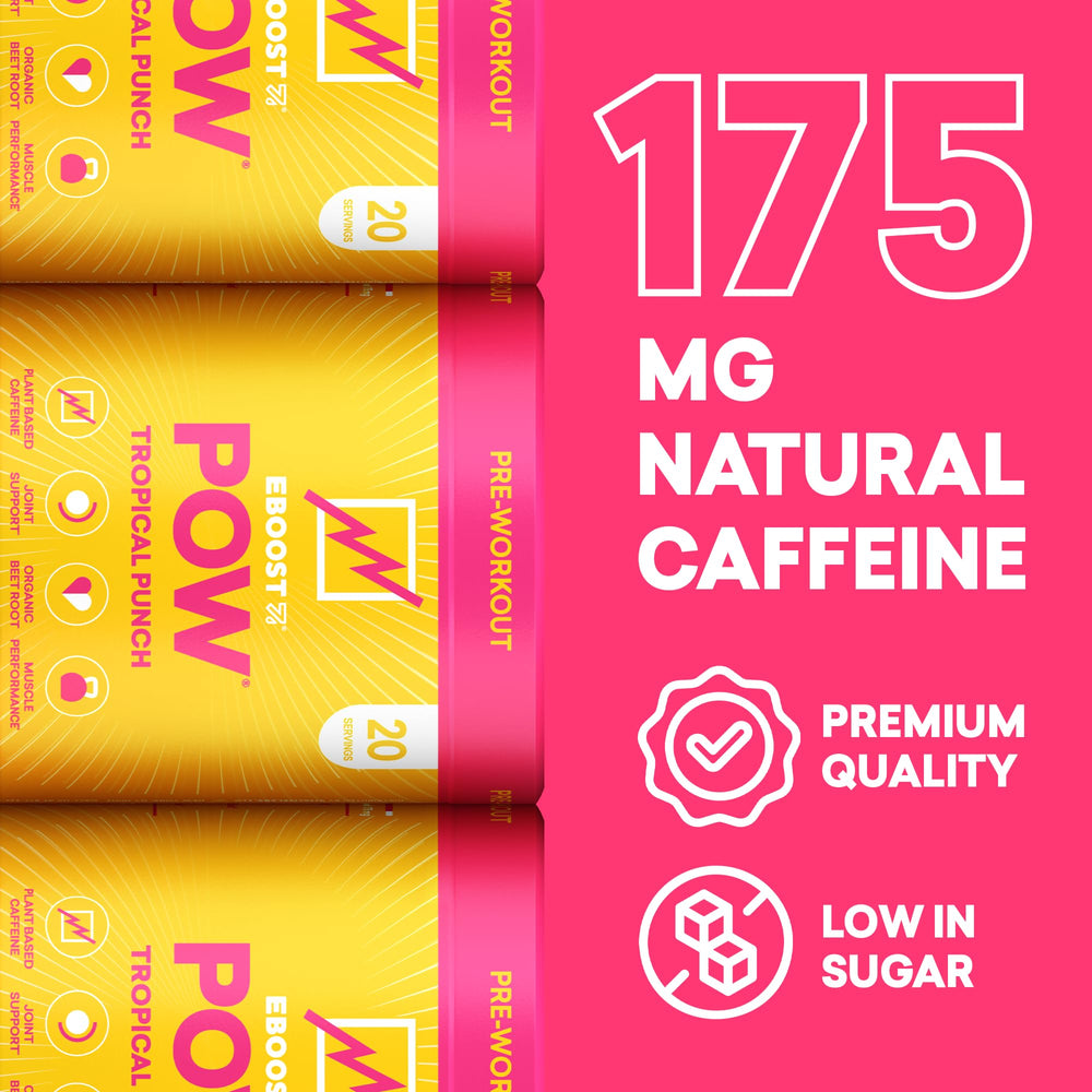 EBOOST POW Tropical Punch fizzy mix in water with refreshing texture