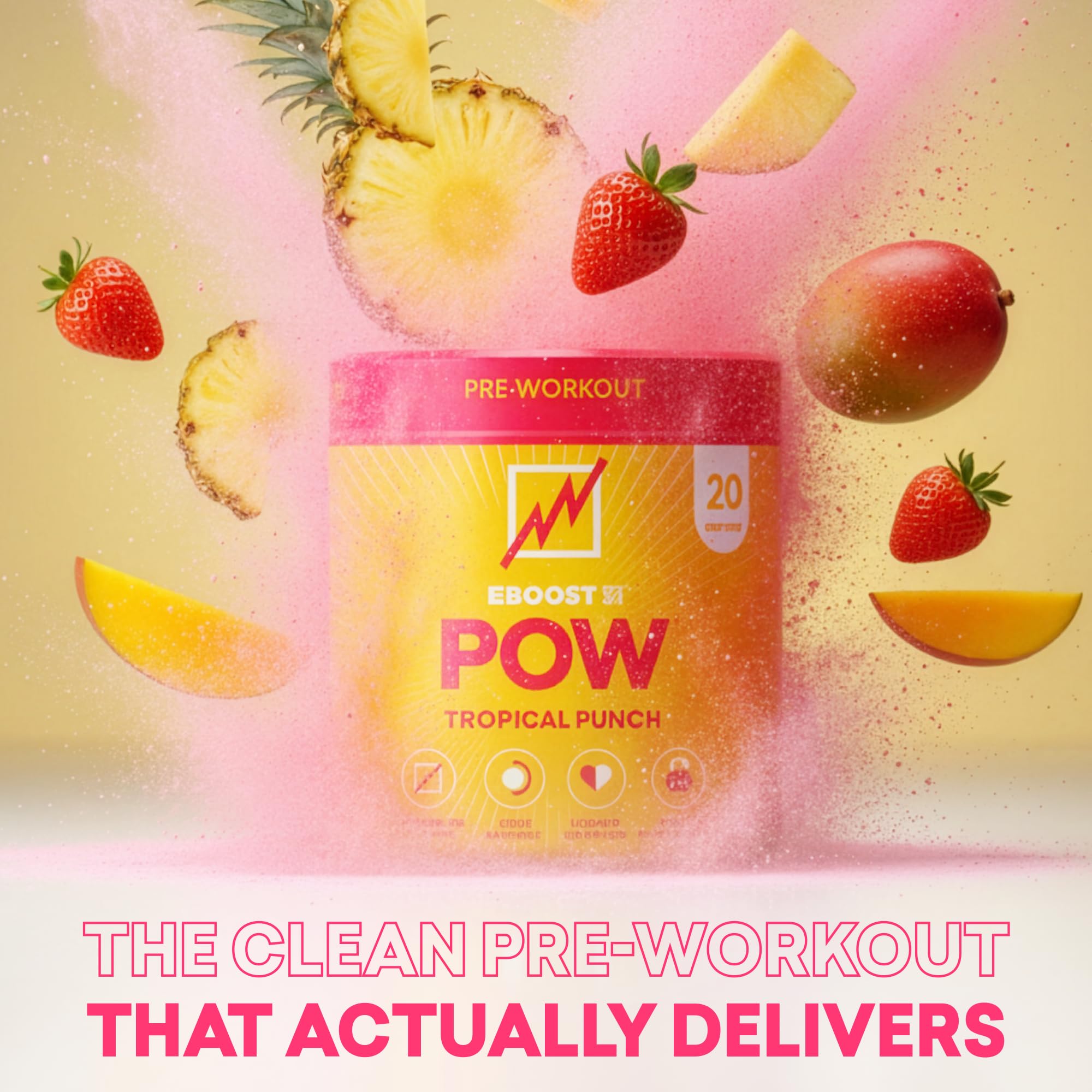 EBOOST POW Tropical Punch glass prep showing fast dissolve and fizz