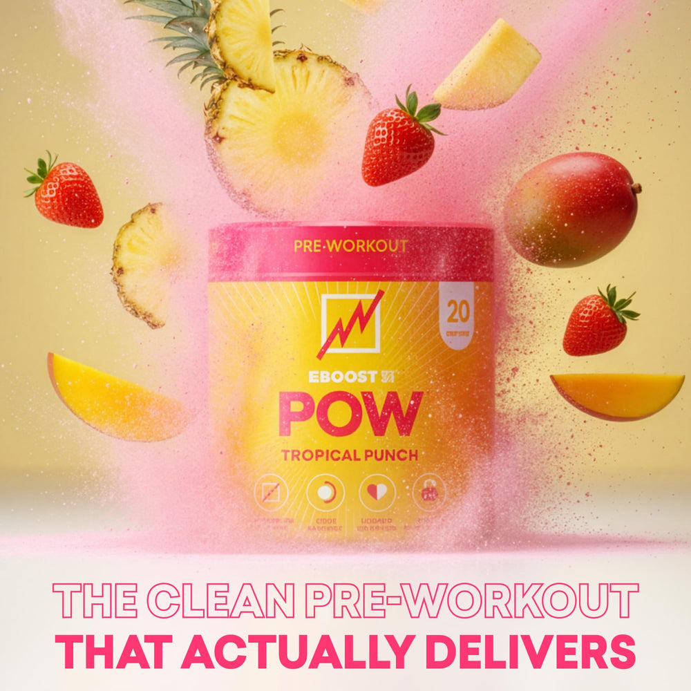 EBOOST POW Tropical Punch glass prep showing fast dissolve and fizz