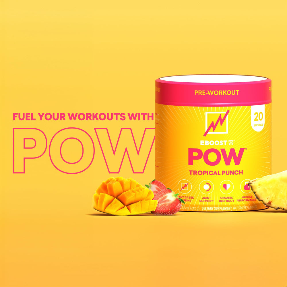 EBOOST POW Tropical Punch nutrition icons emphasize gluten-free and vegetarian formula