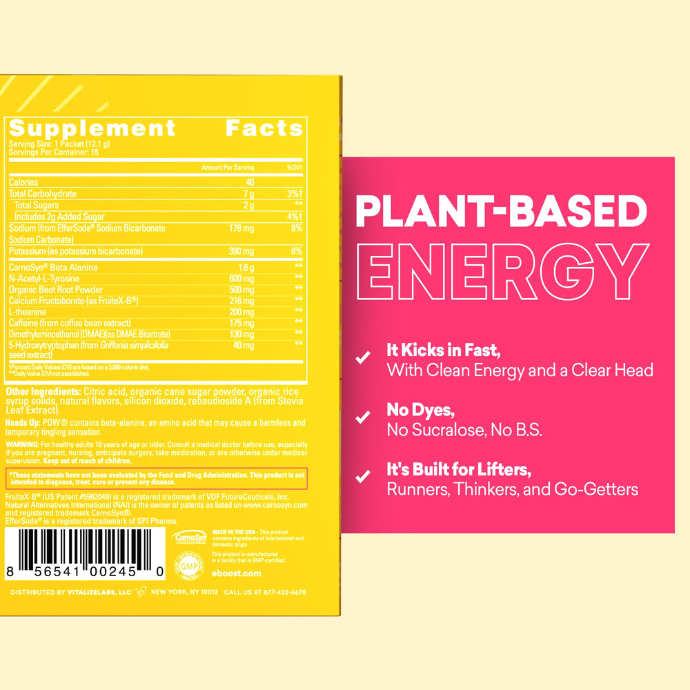 EBOOST POW tropical punch mix dissolving in water for quick fizz.