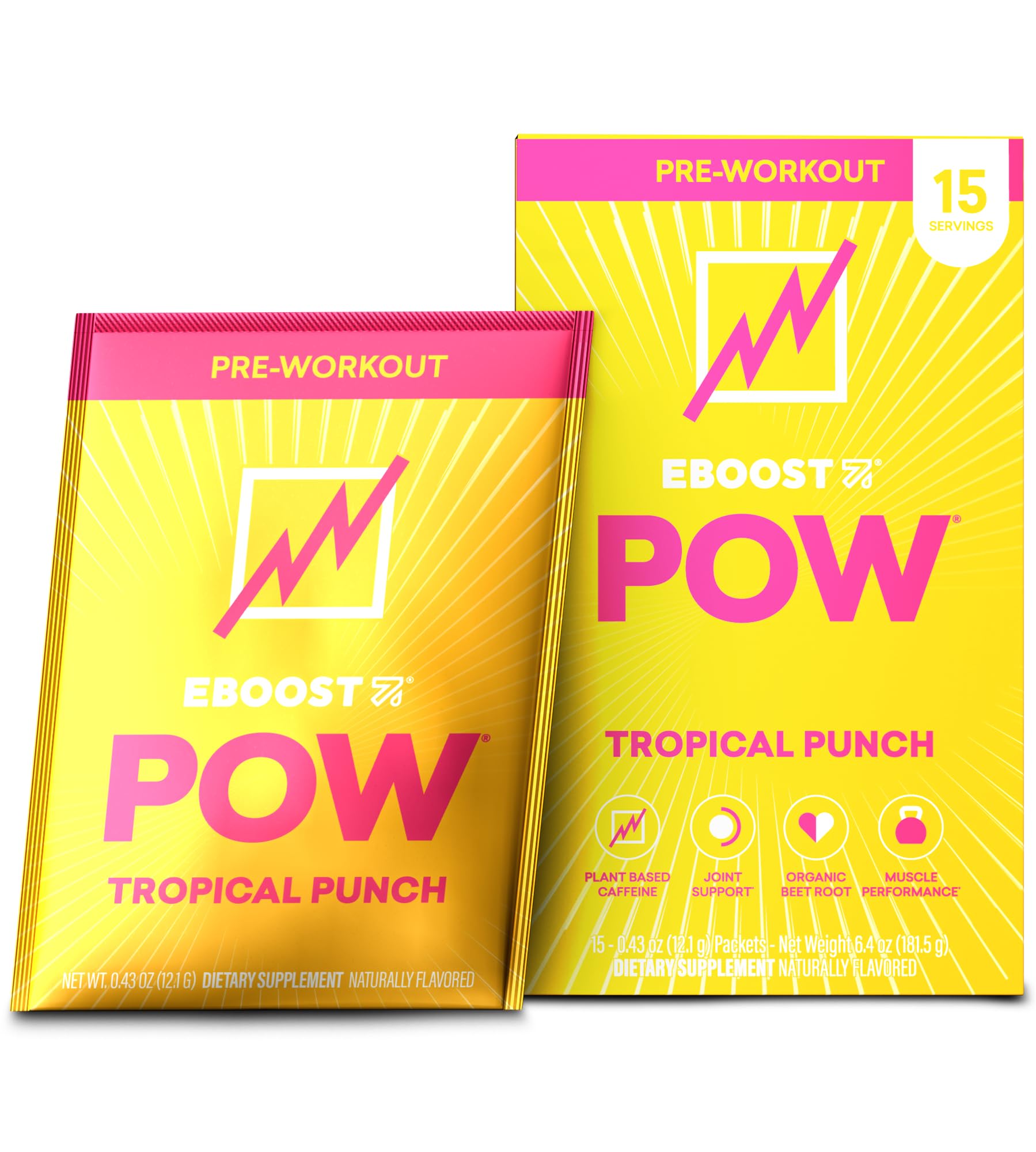 EBOOST POW tropical punch packet for a natural pre-workout energy boost.