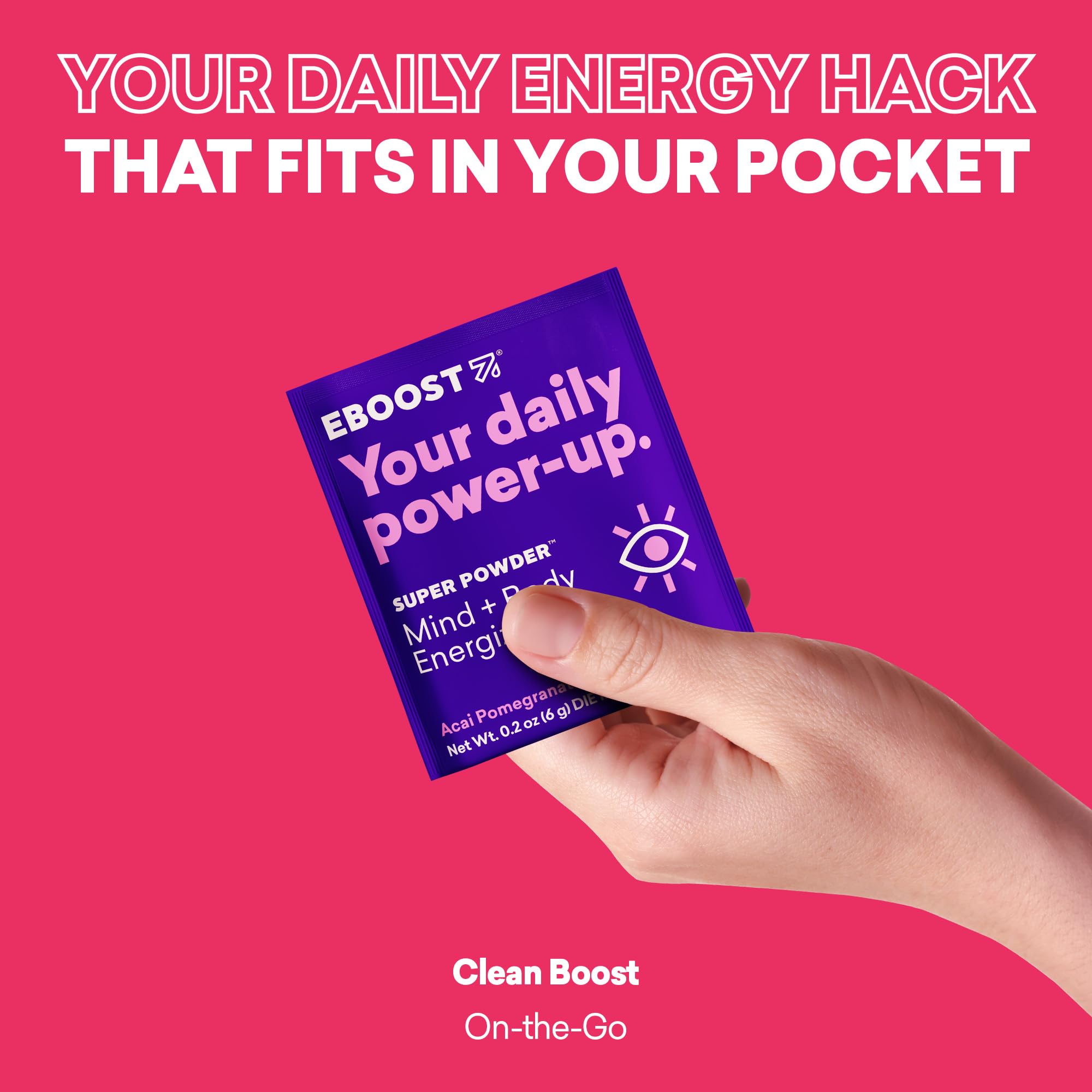 Packaging of EBOOST emphasizes gluten-free and artificial-free formula for clean energy.