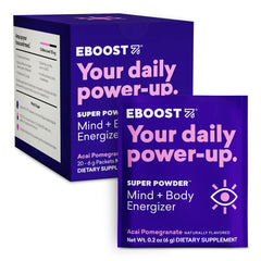 EBOOST Super Powder Acai Pomegranate tub front showing compact packaging and vibrant label.