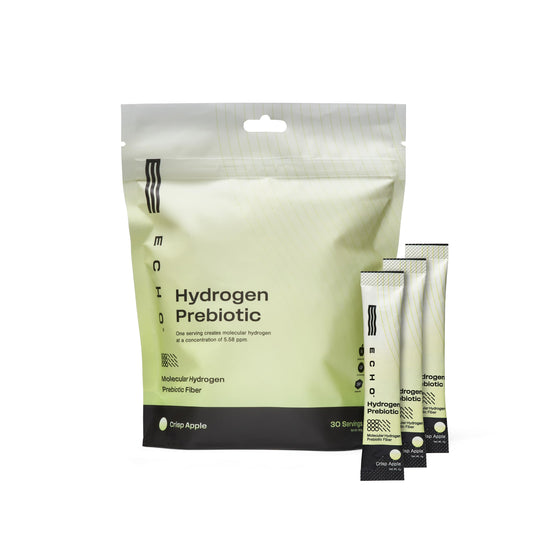 Echo Water hydrogen prebiotic drink packets for on-the-go hydration and gut health support.