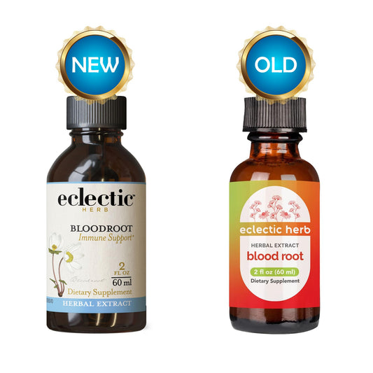 Eclectic Institute Bloodroot label-front highlighting organic, non-GMO ingredients.