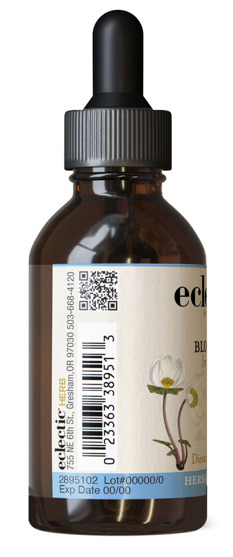 Eclectic Institute Bloodroot packaging illustrating small-batch freeze-dried process.