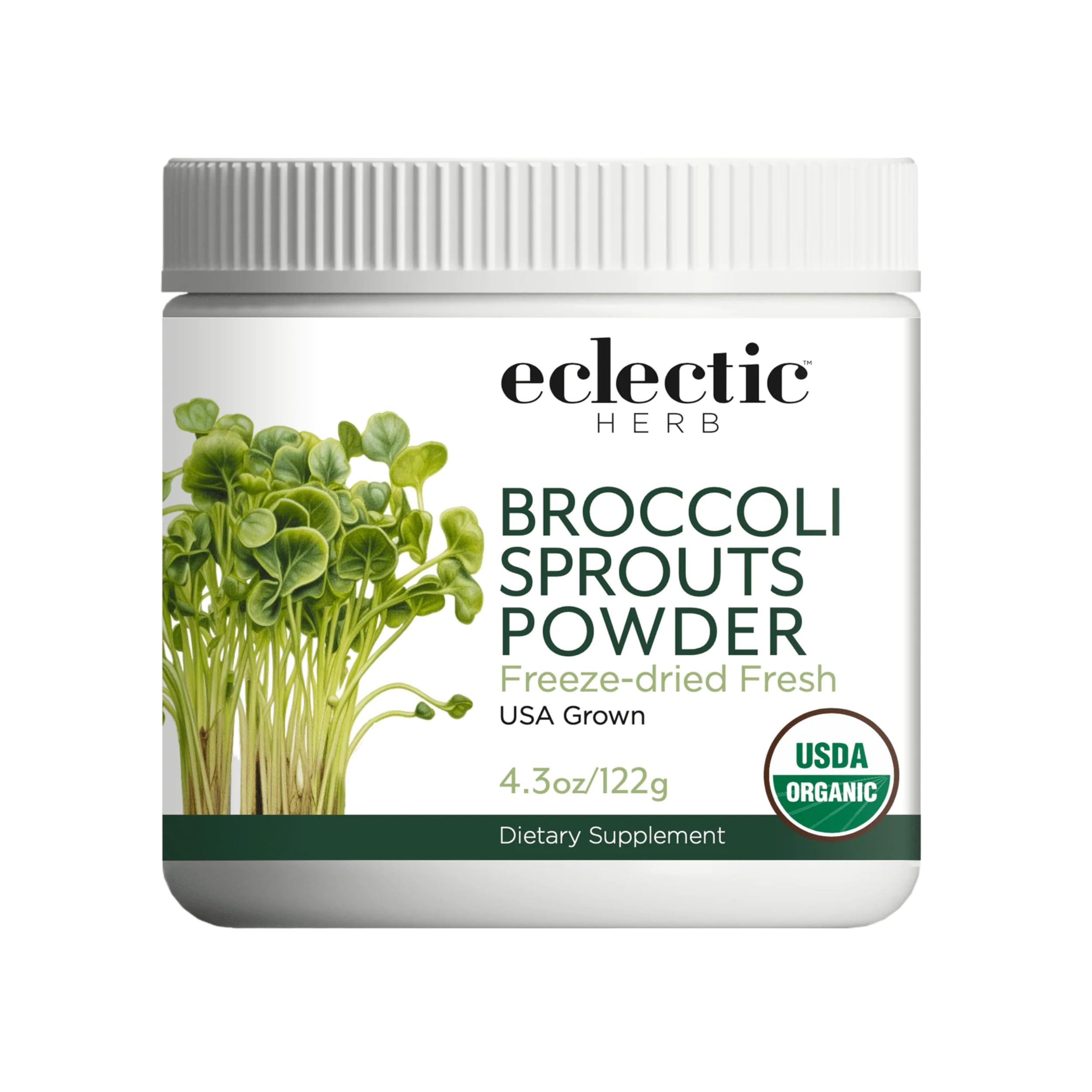 ECLECTIC INSTITUTE broccoli sprouts powder bottle with vibrant greens for daily antioxidant support