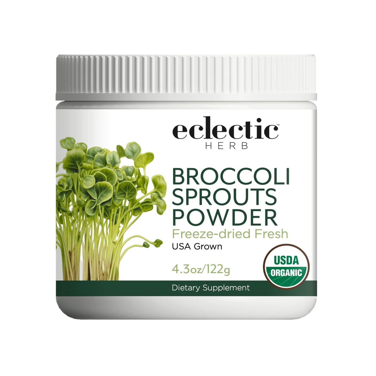 ECLECTIC INSTITUTE broccoli sprouts powder bottle with vibrant greens for daily antioxidant support
