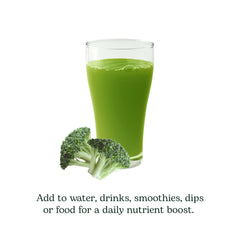 Close-up of green broccoli sprouts powder against clean white background