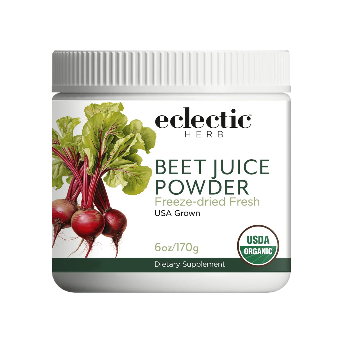 Eclectic Institute Eclectic Herb Beet Juice Powder bottle promotes easy daily nutrition.