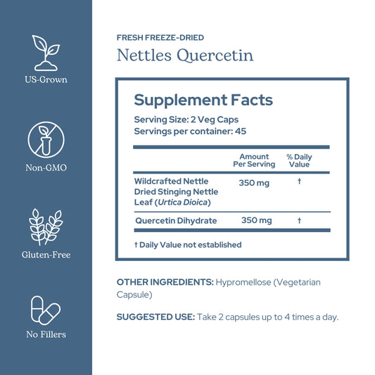 Close-up of Eclectic Herb bottle label highlighting freeze-dried nettle