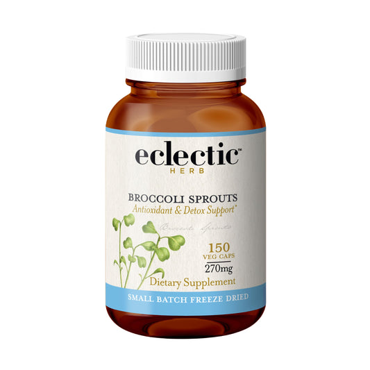 ECLECTIC INSTITUTE Eclectic Herb broccoli sprouts capsules bottle shows non-GMO vegan formula.