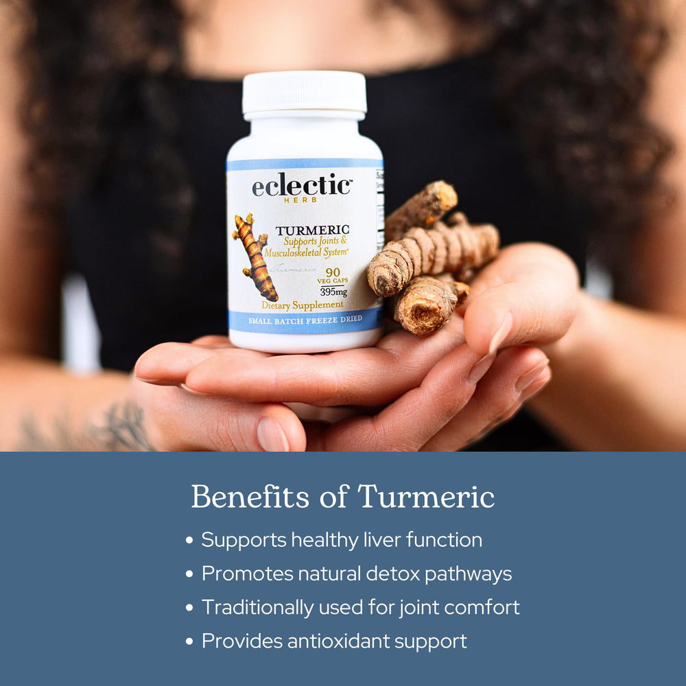 Eclectic Institute Eclectic Herb turmeric capsules side view for easy swallowing.
