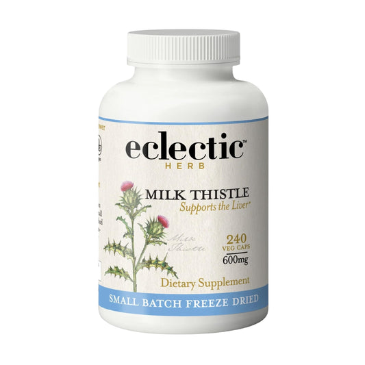 ECLECTIC INSTITUTE Eclectic Herb milk thistle capsules bottle may support liver health.