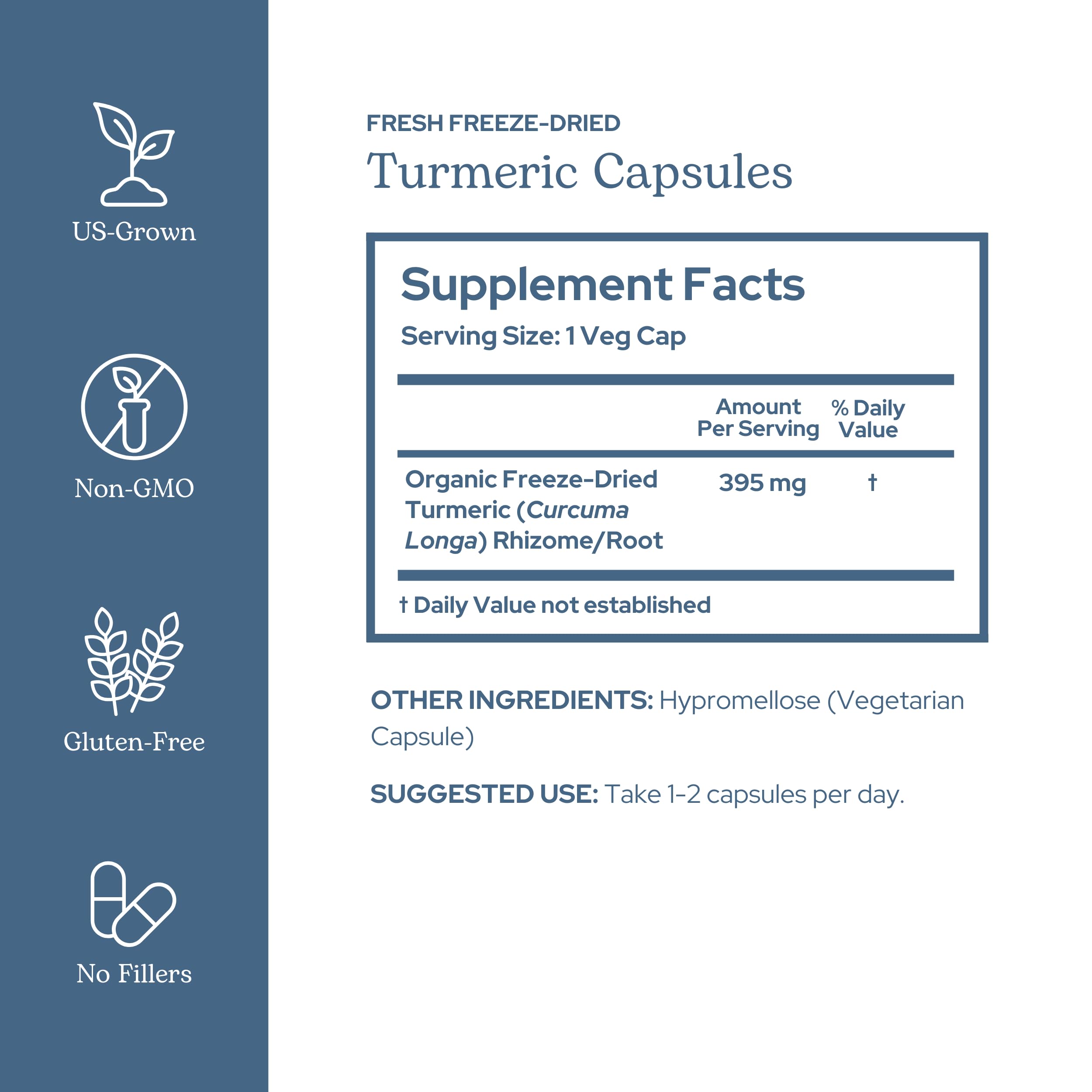 Eclectic Institute Eclectic Herb turmeric capsules close-up highlighting vegan, non-GMO formula.