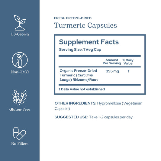 Eclectic Institute Eclectic Herb turmeric capsules close-up highlighting vegan, non-GMO formula.