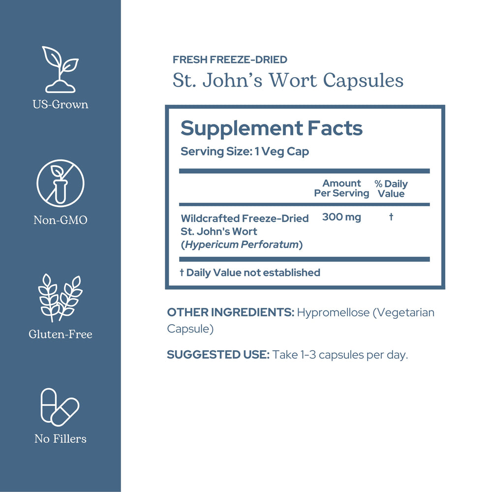 Eclectic Institute St. John's Wort capsules close-up with golden capsules for mood balance
