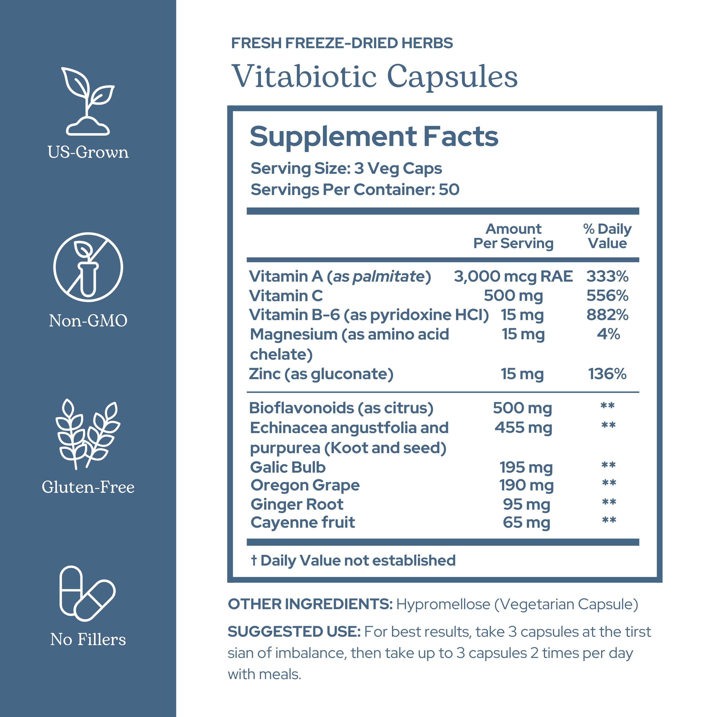 Close-up of Eclectic Herb Vitabiotic capsules highlighting the whole-herb formula.