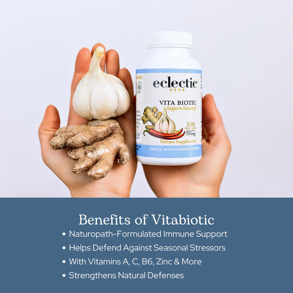 Label view of Eclectic Herb Vitabiotic packaging and claims.