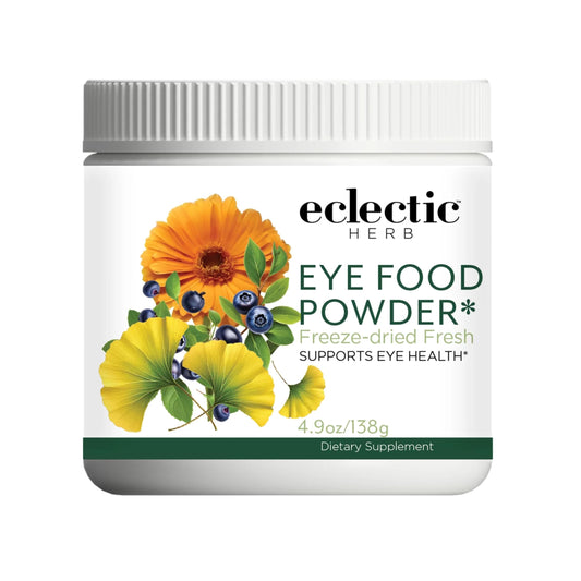 Eclectic Institute Eye Food Powder bottle closeup highlights organic freeze-dried ingredients