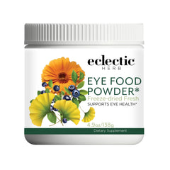 Eclectic Institute Eye Food Powder bottle closeup highlights organic freeze-dried ingredients