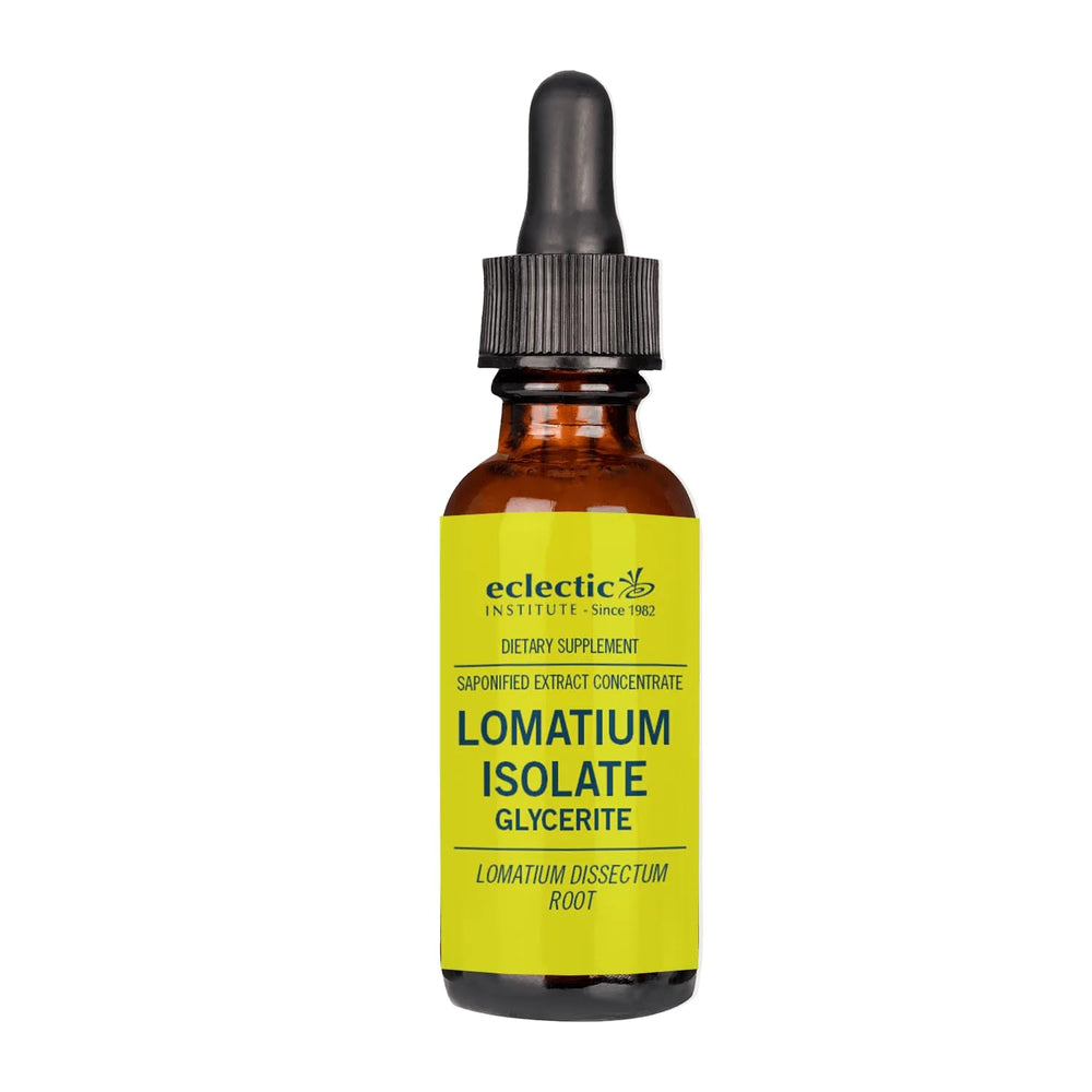 Eclectic Institute Lomatium Isolate Glycerite bottle shows alcohol-free immune support