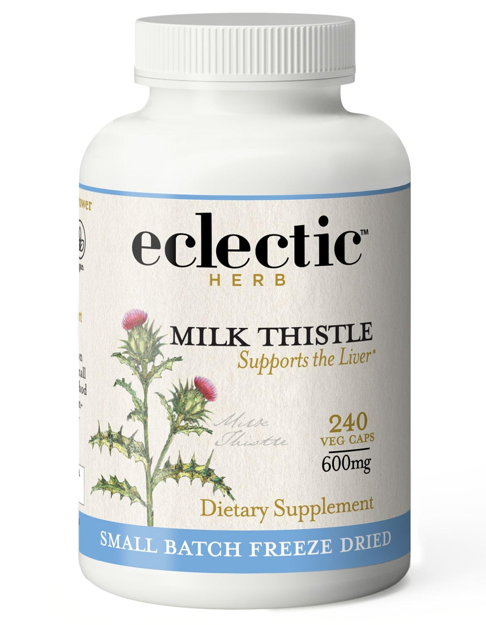 Eclectic Institute Milk Thistle bottle showing non-GMO formula for liver support
