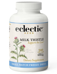 Eclectic Institute Milk Thistle bottle showing non-GMO formula for liver support