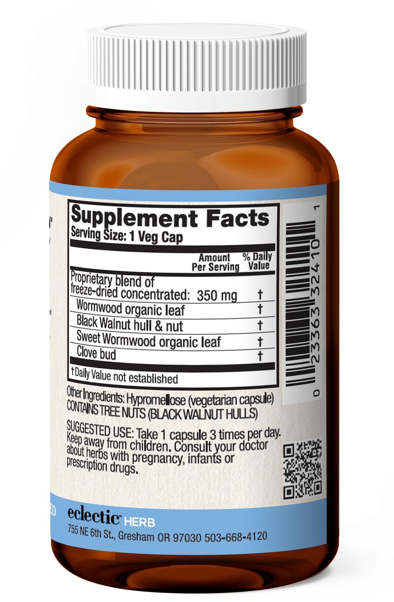 ECLECTIC INSTITUTE ParaFight capsules on counter with herbs for detox support.