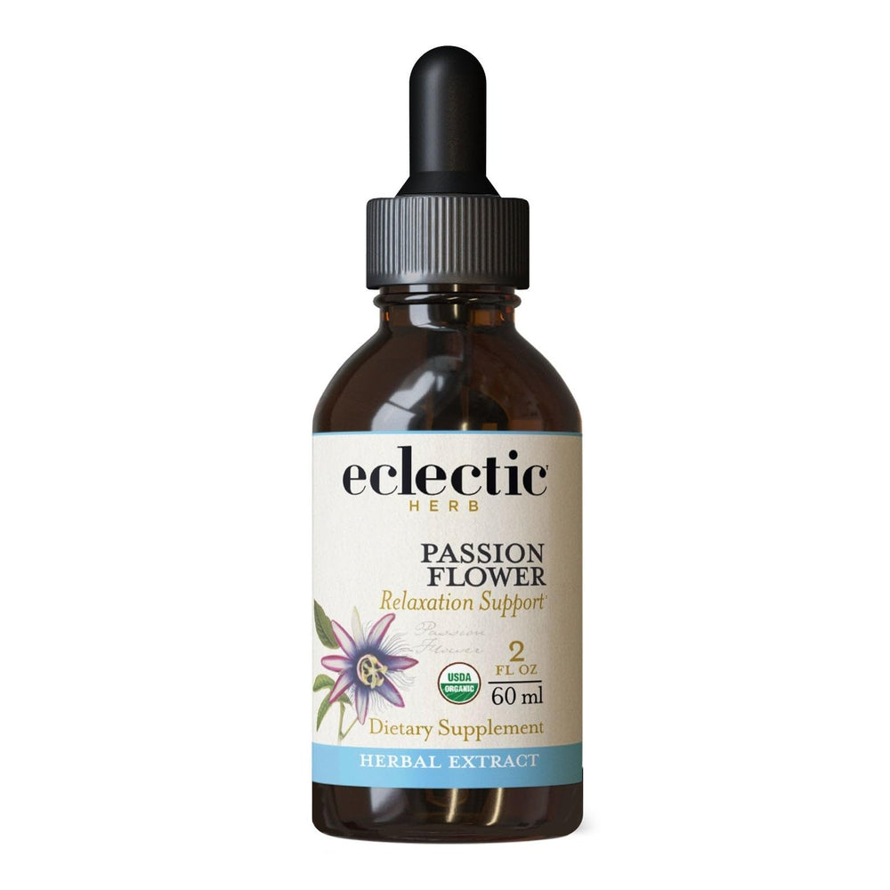 Eclectic Institute Passion Flower G orange bottle front view for a calming evening ritual.