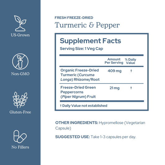 Eclectic Institute turmeric-pepper capsules close-up showing glossy capsules and vibrant color.